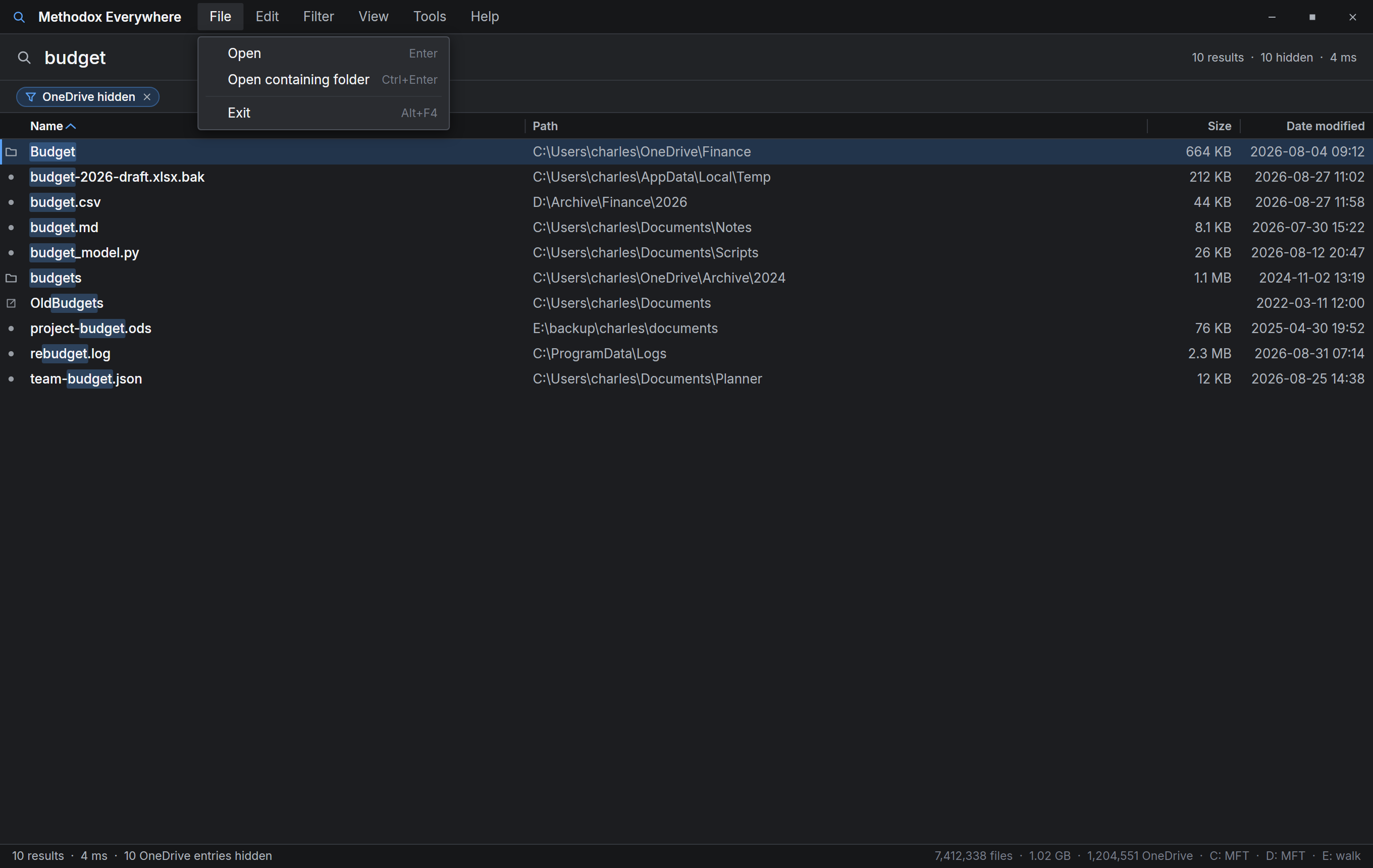 The Filter menu open, offering everything, files only, folders only, and options for hiding cloud files.
