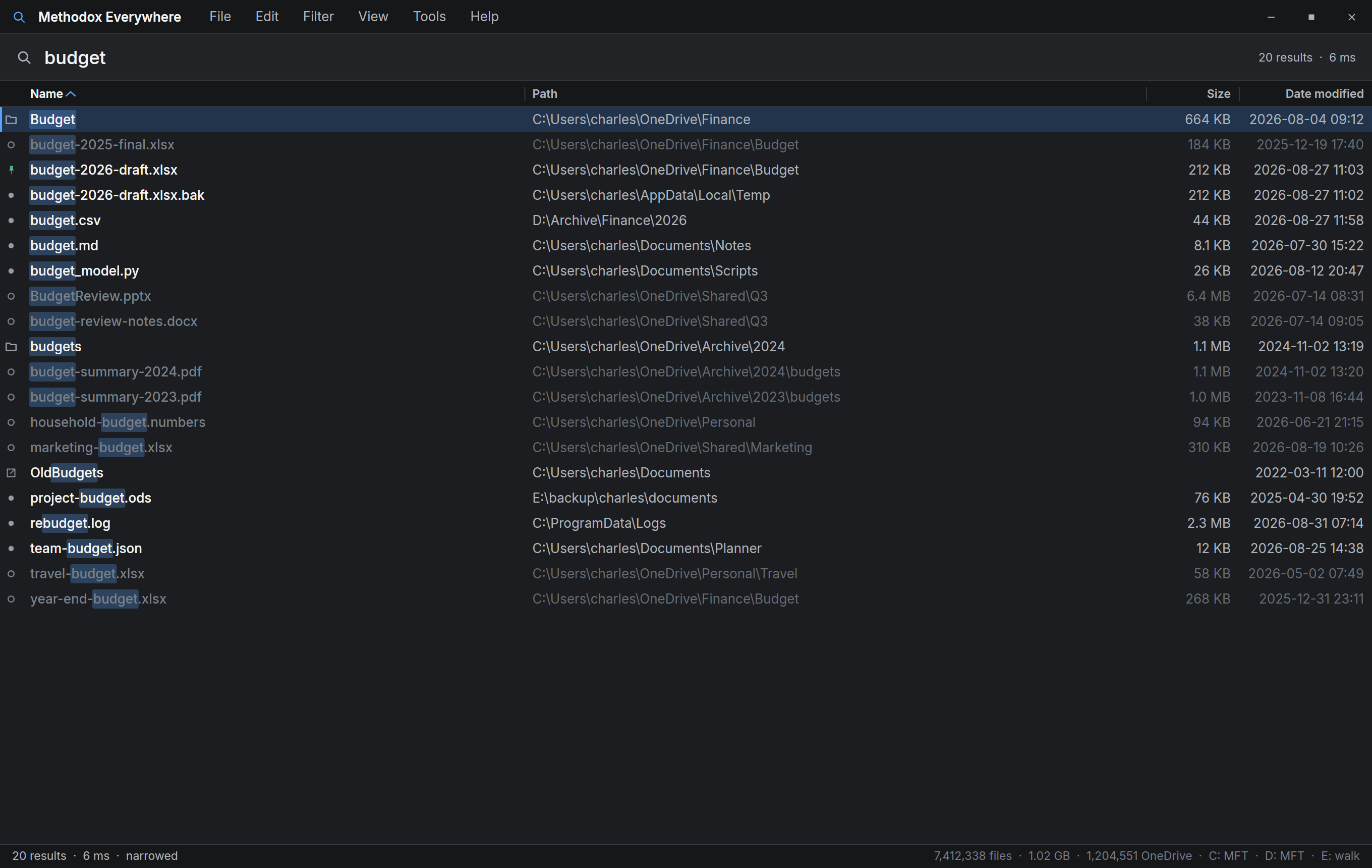 Methodox Everywhere showing results for the word budget across several drives, with file names, paths, sizes and dates.